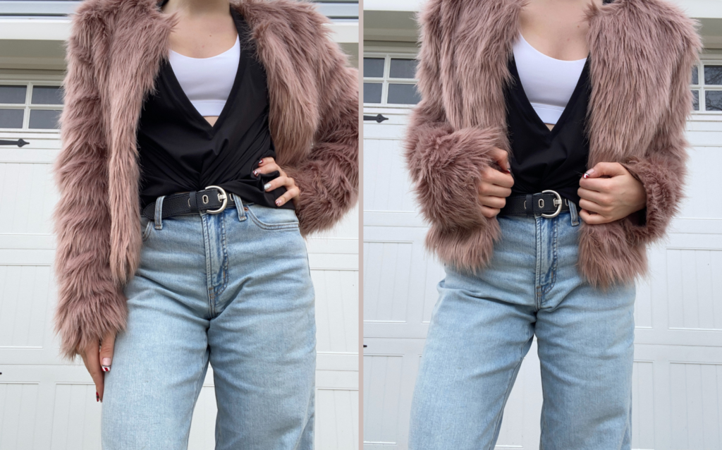 kristen kubek popflex daring deep v styled with jeans white corset bra pink faux fur jacket