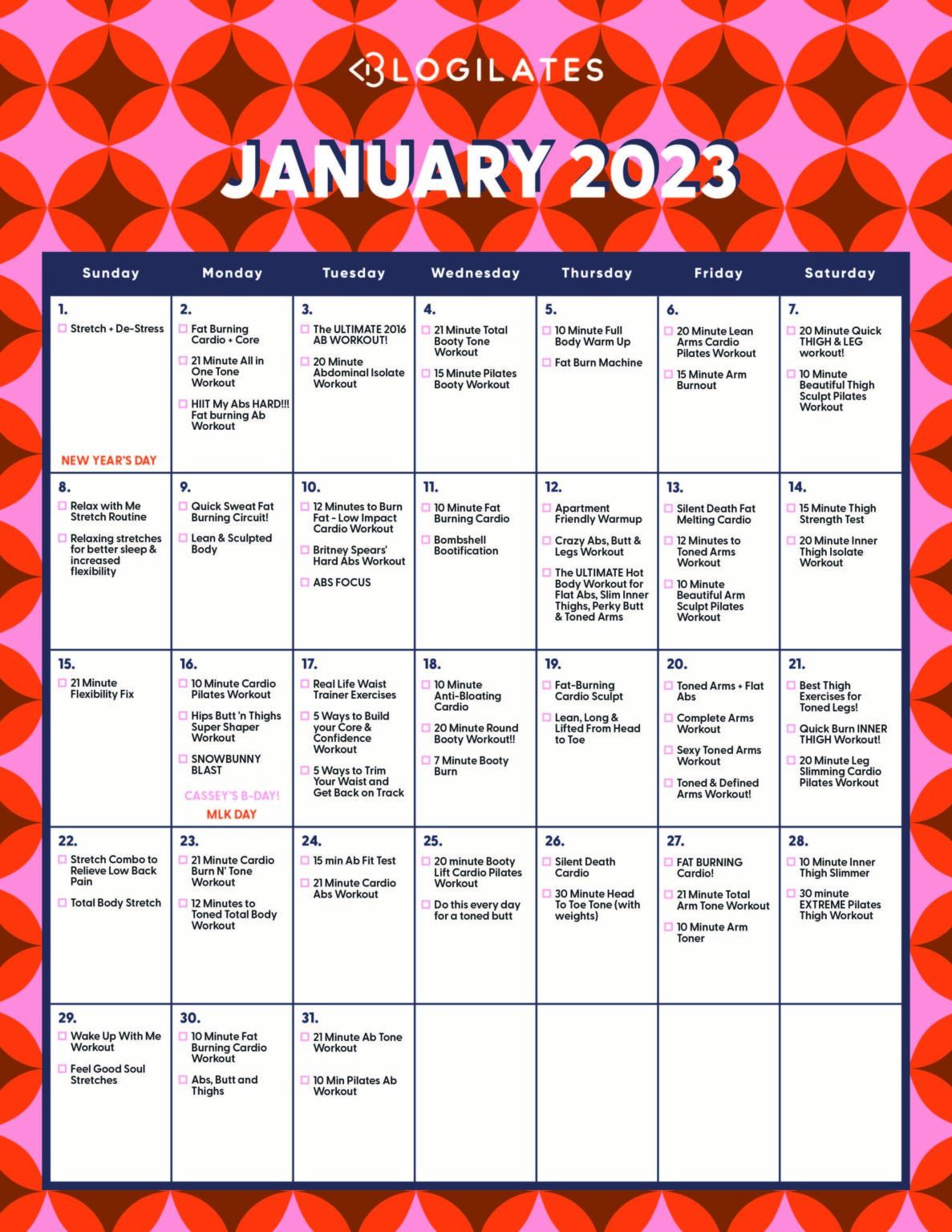 The Blogilates January 2023 Workout Calendar! Blogilates