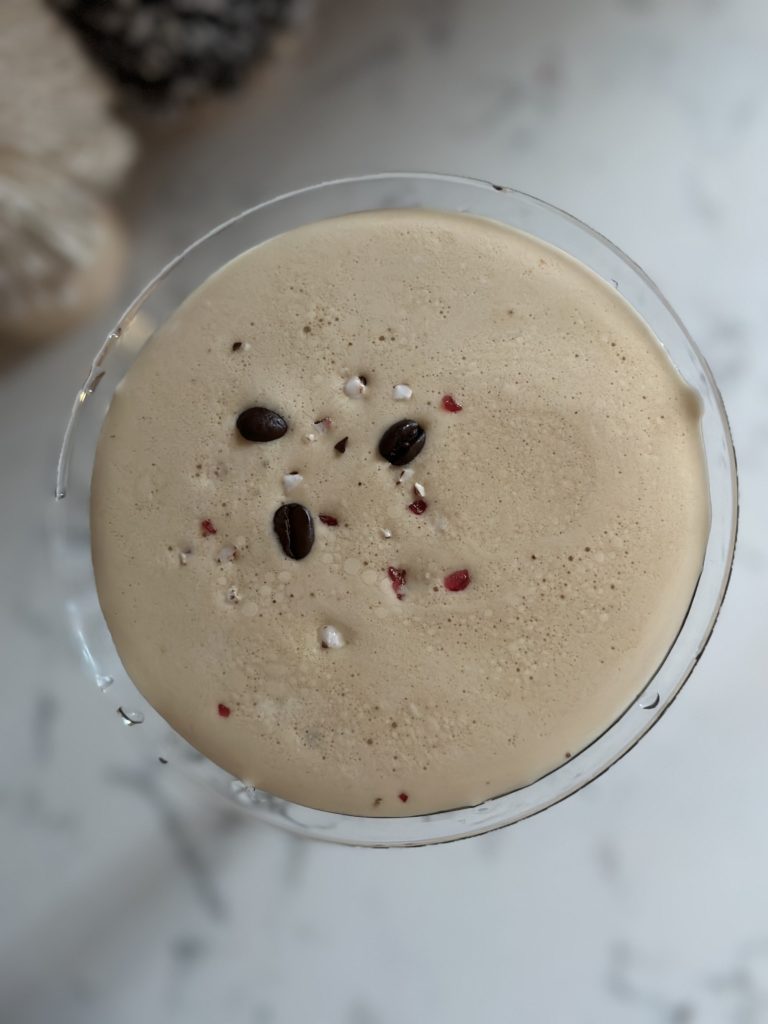 closeup view of non-alcoholic holiday drinks peppermint espresso martini mocktail