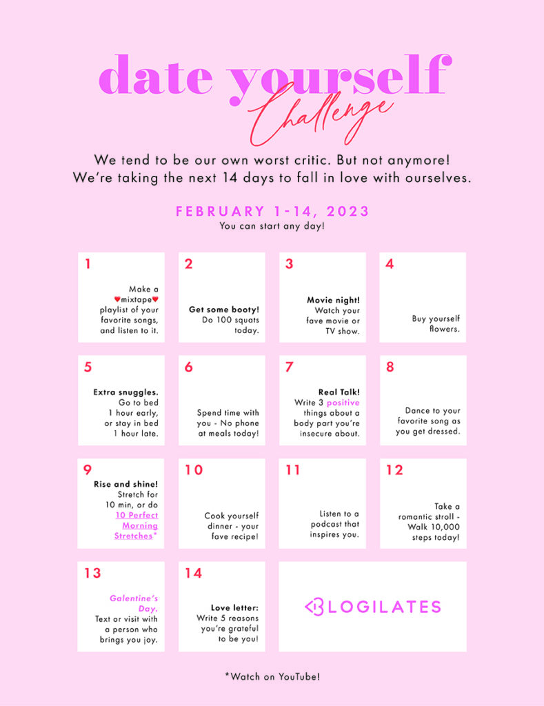 blogilates date yourself challenge self-love 14 days february