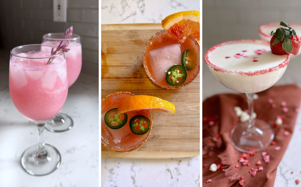 pretty valentine's day mocktail recipes non-alcoholic drinks rose gin and tonic spicy blood orange margarita white chocolate martini