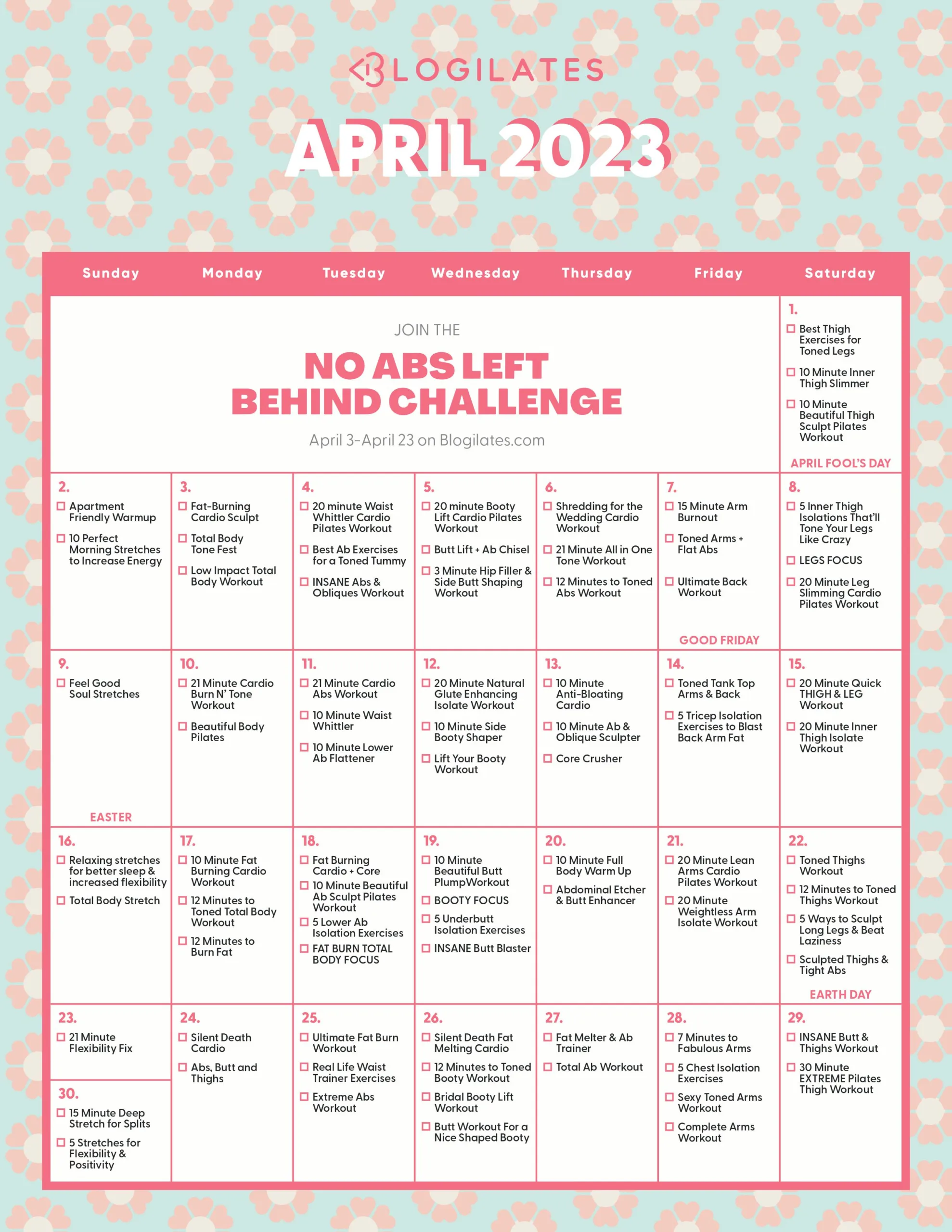 blogilates april workout calendar 2023