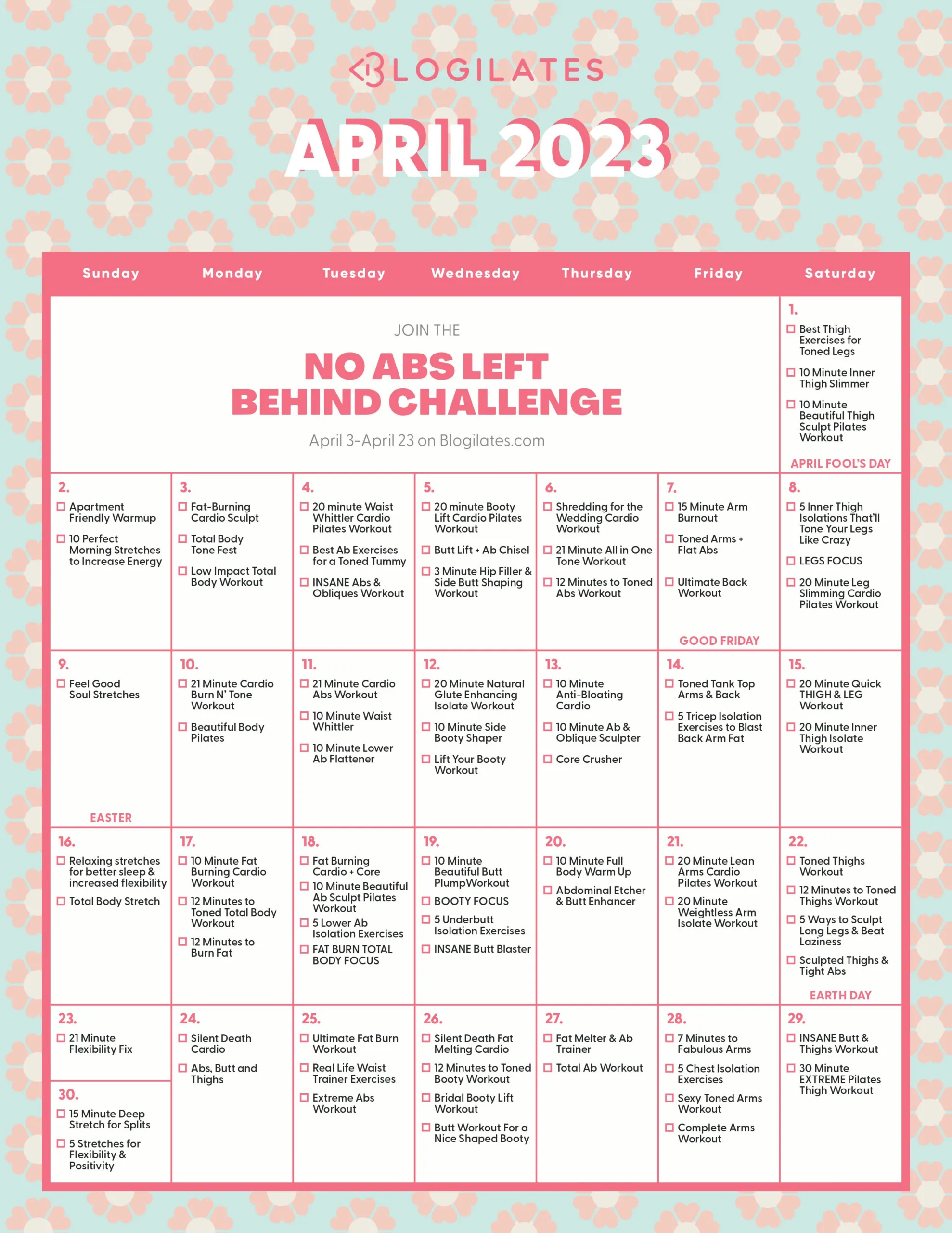 The Blogilates April 2023 Workout Calendar!!