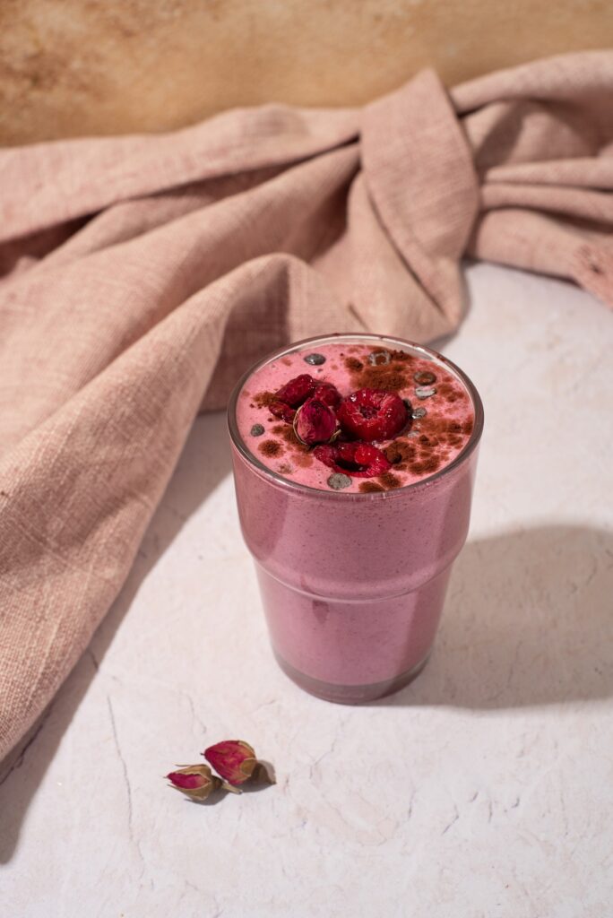 chocolate covered raspberry shake sculpt and debloat protein powder blogilates