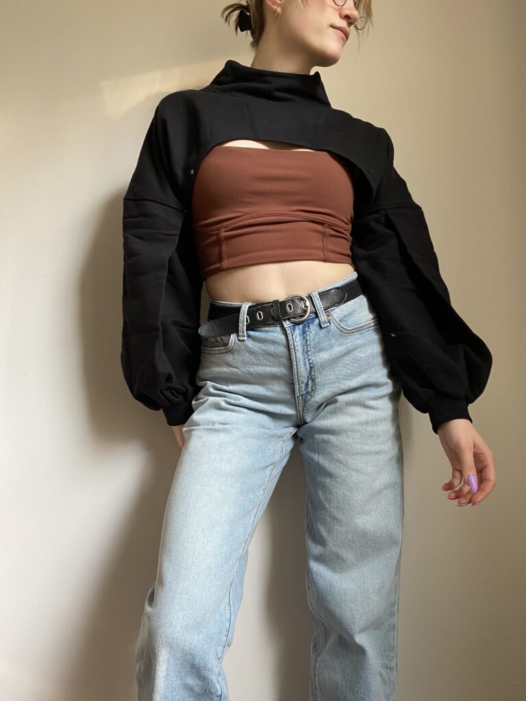 popflex mockneck shruggie review styled with jeans