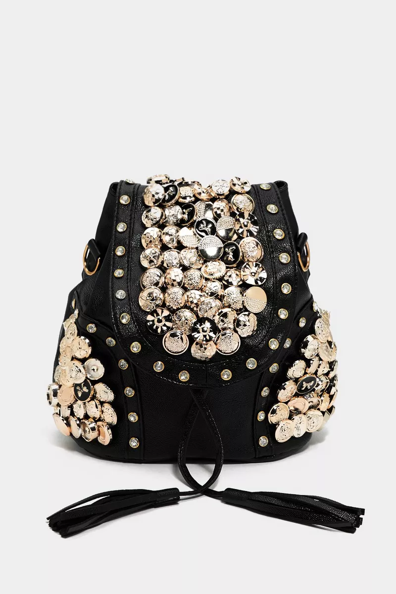 black fringe embellished leather backpack