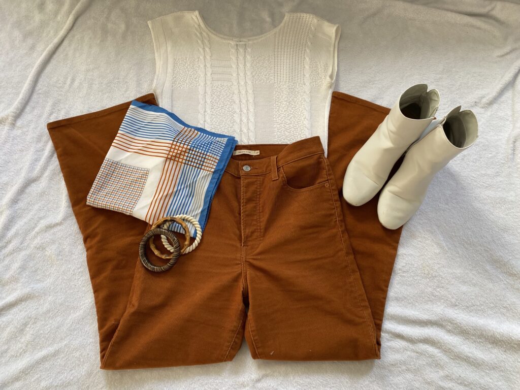 70s fashion daisy jones and the six inspired outfit orange flares boots head scarf