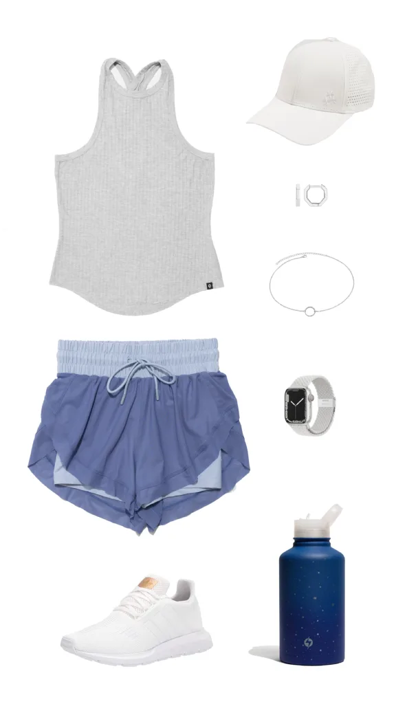 POPFLEX spring outfit info running outfit blue running shorts grey not your typical tank apple watch starry night bottle jewelry