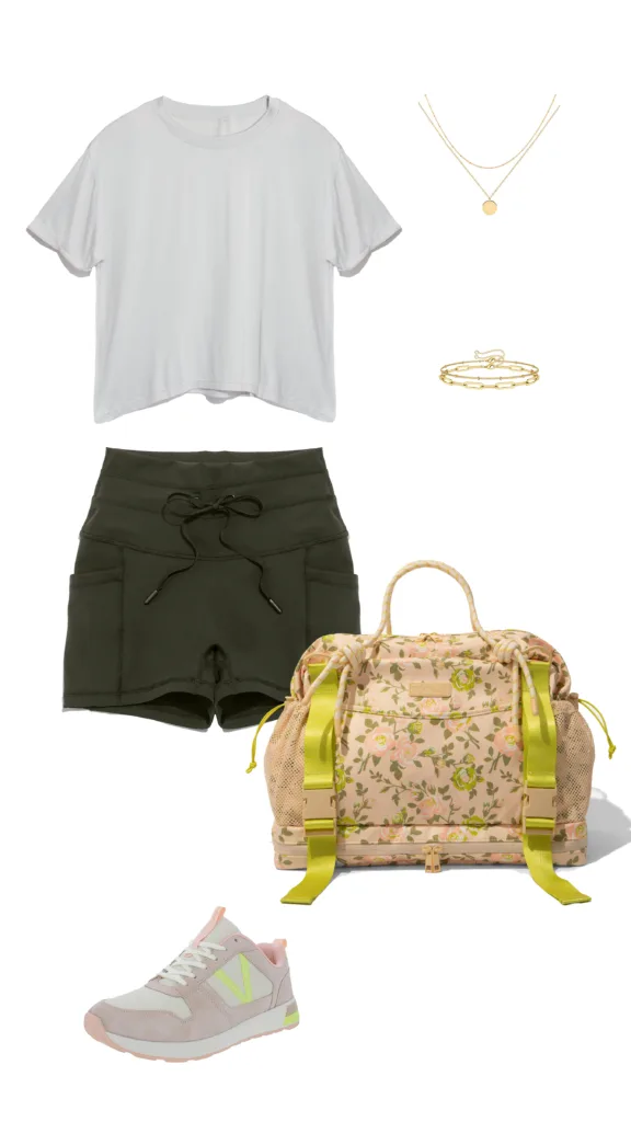 POPFLEX spring outfit activewear perfect tee grey booty shorts forestwood valentina gym bag gold layer necklace gold bracelets sneakers