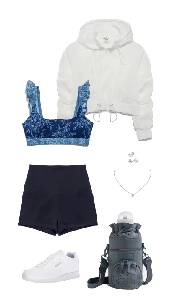 POPFLEX outfit inspo cute barre outfit ruffle bra supersculpt booty shorts navy whimsical windbreaker water bottle bag silver jewelry puma sneakers