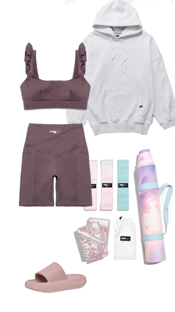 pilates outfit inspo blogilates romance ruffle bra crisscross hourglass motorcycle  shorts peppercorn agelong  unreality  hoodie acceptable  kit yoga mat booty bands sandals