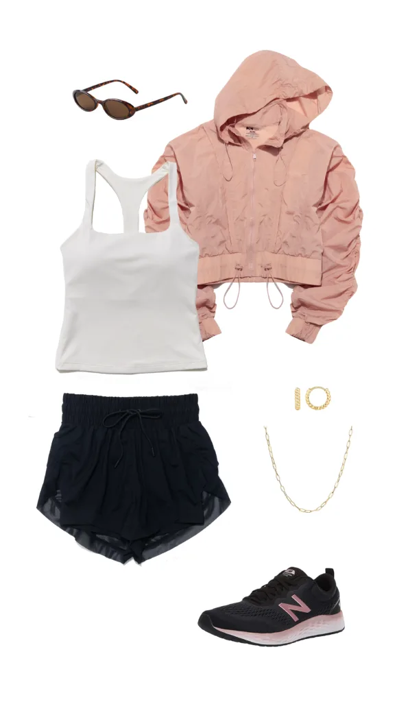 spring outfit info popflex audrey tank whimsical windbreaker blush running shorts black new balance sneakers
