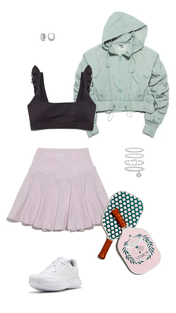 spring 2023 outfit inspo popflex windbreaker bluish  ice, ruffle romance bra ebony, twirl skort, pickleball acquisition  set, sneakers