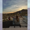 woman in cold plunge ice bath tub with mountains