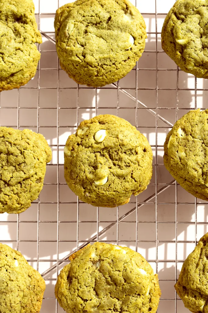 rows of browned butter matcha cookies made with sculpt + debloat matcha milkshake protein blogilates