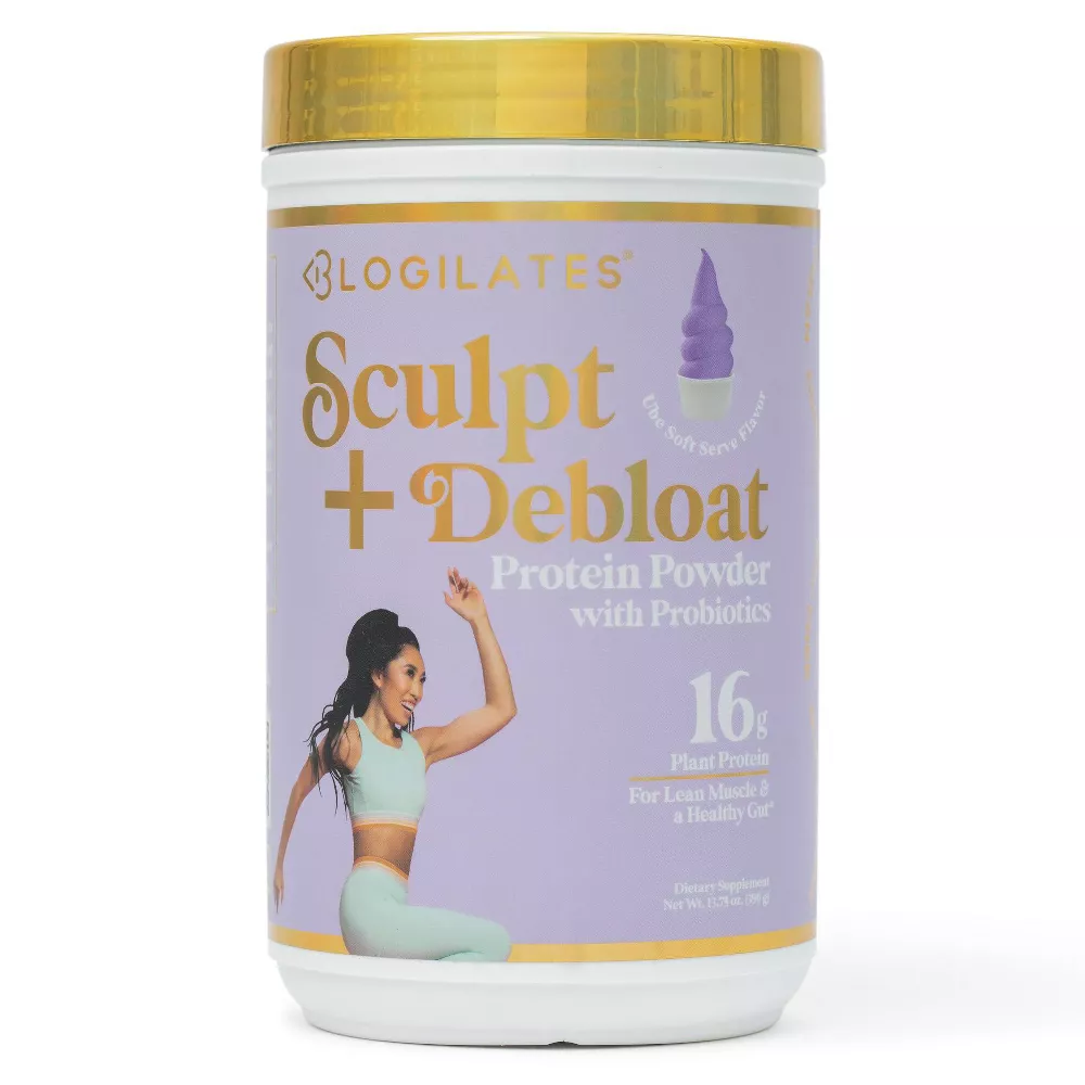 blogilates sculpt and debloat vegan protein powder with probiotics ube soft serve