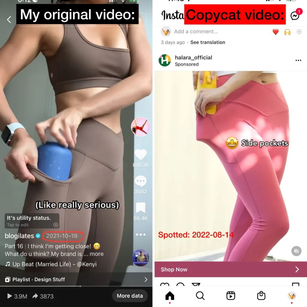 halara copying POPFLEX legging video showing crisscross leggings with water bottle in pocket