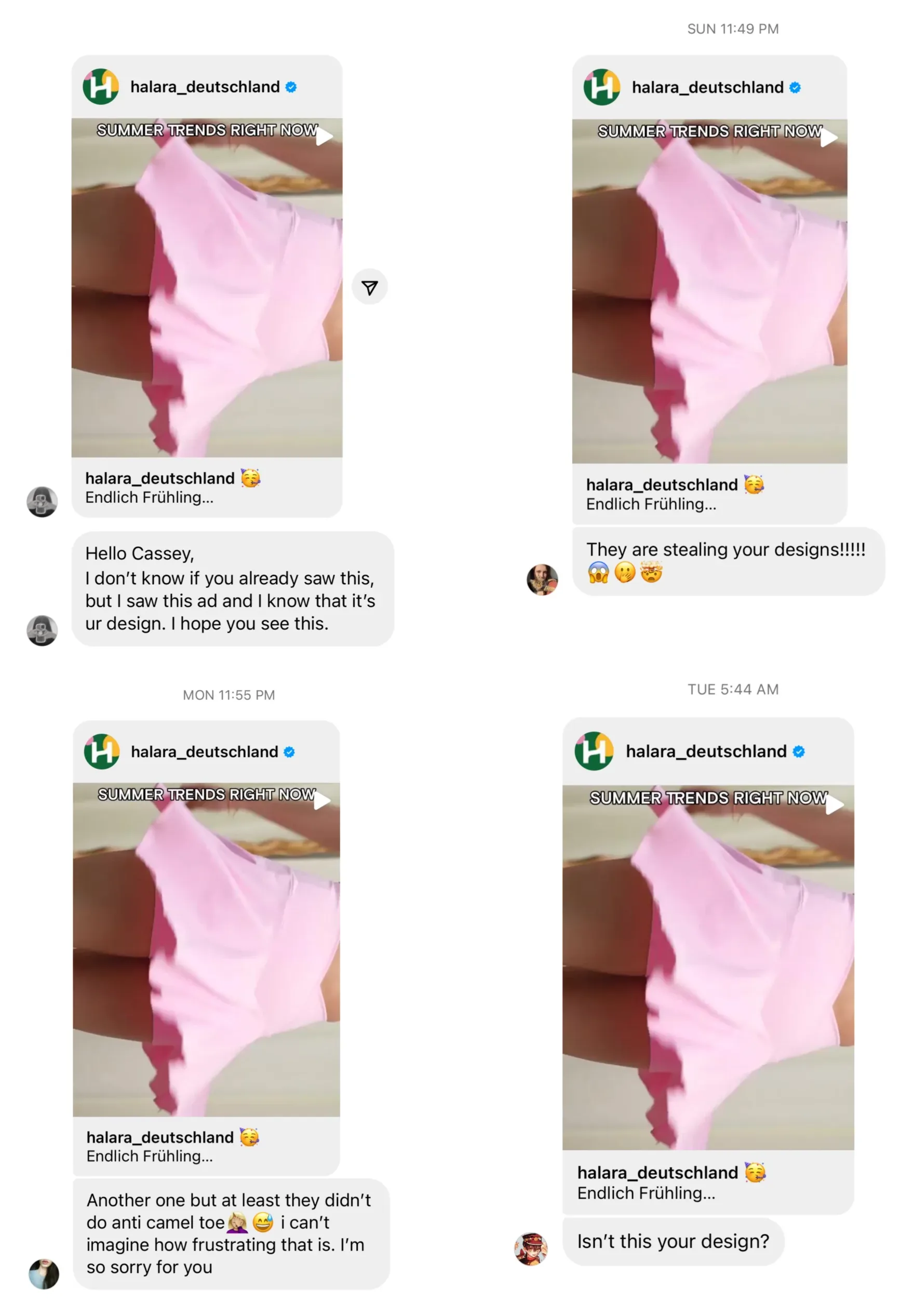 screenshots of messages to cassey ho blogilates about halara stealing skort design