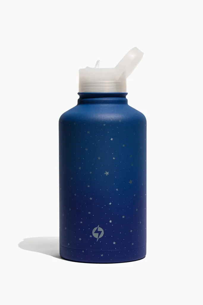 64 oz popflex diamond sky water bottle dark blue insulated bottle with silver stars and a clear lid and straw
