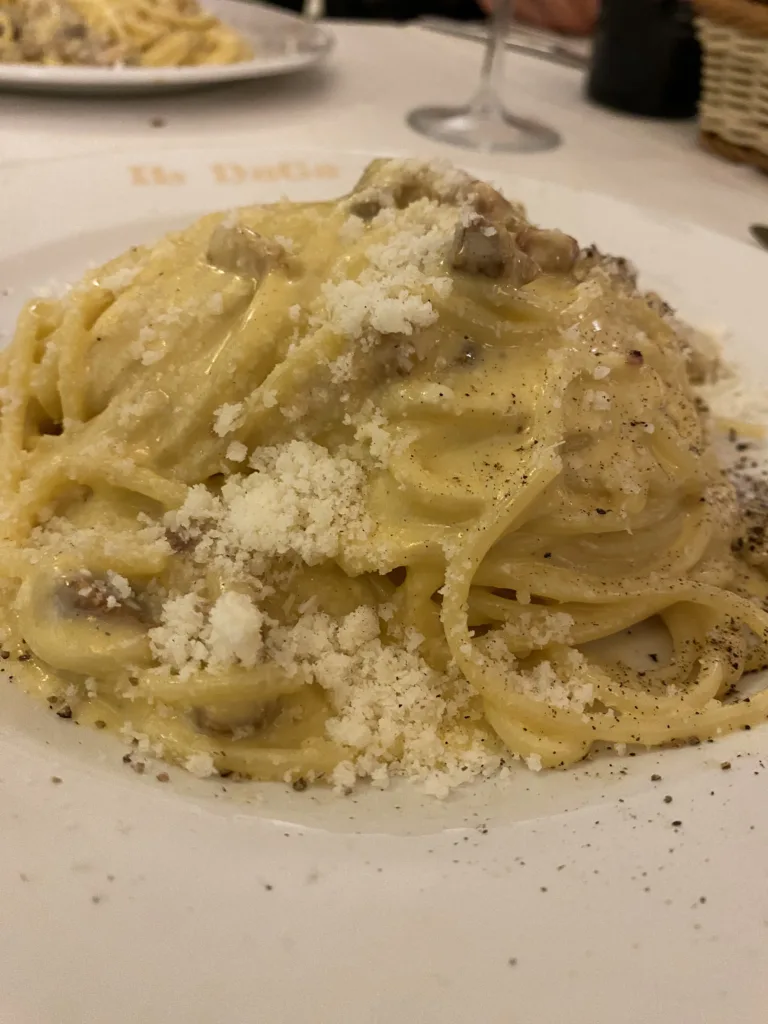 Plate of pasta with a cream sauce, cheese, and mushrooms in Italy