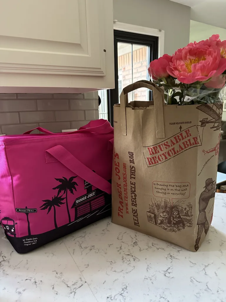 trader joe's summer haul seasonal items review pink insulated bag peonies