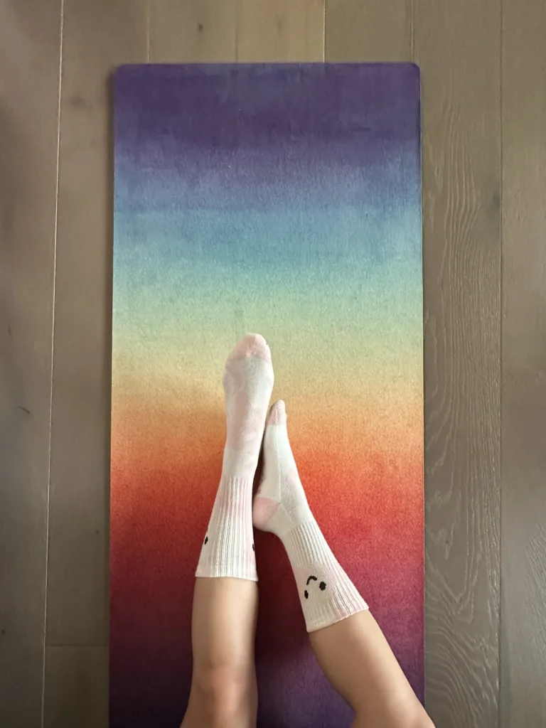 popflex moody rainbow yoga mat with heart eyes mid calf socks cassey ho slow fitness ig post