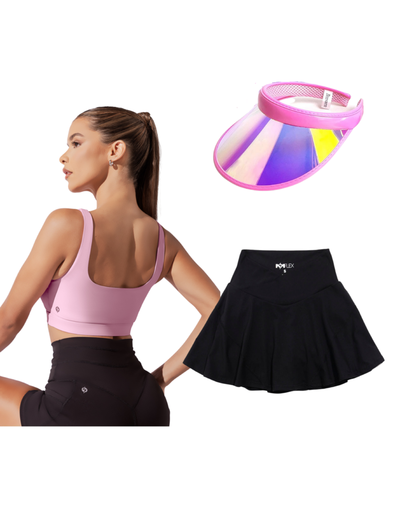 barbiecore workout outfit popflex skort pink sports bra iridescent visor