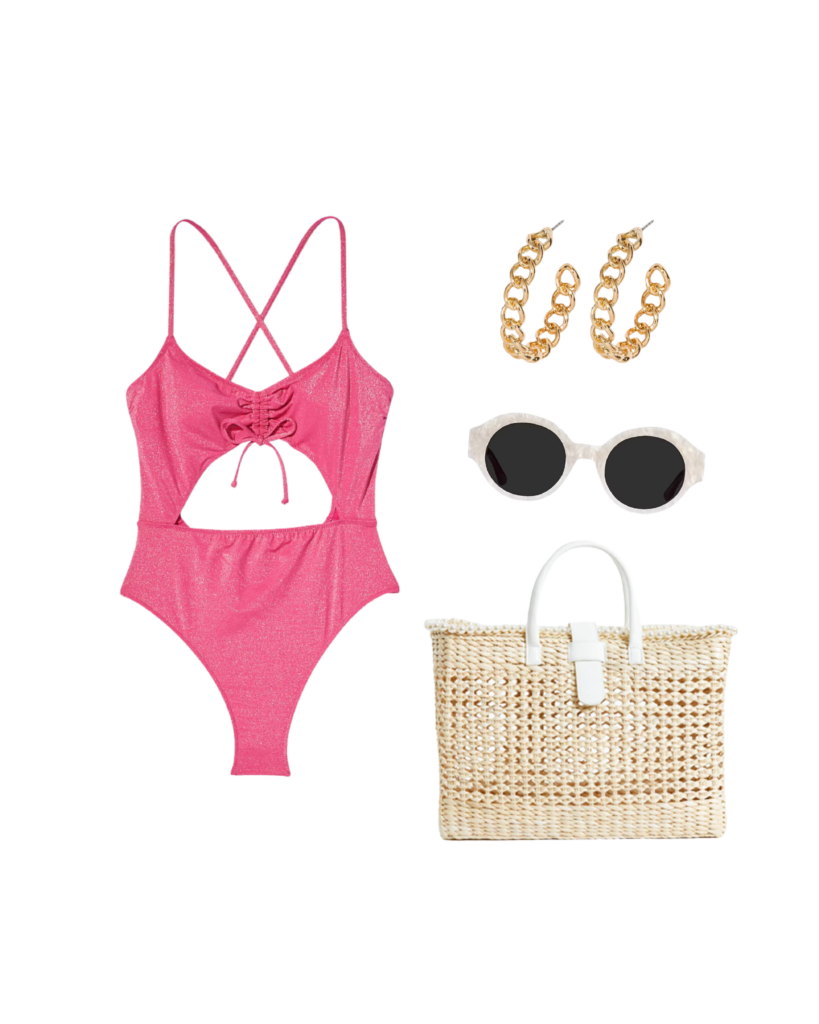 barbiecore malibu barbie beach outfit pink cutout swimsuit white vintage sunglasses hoops beach tote
