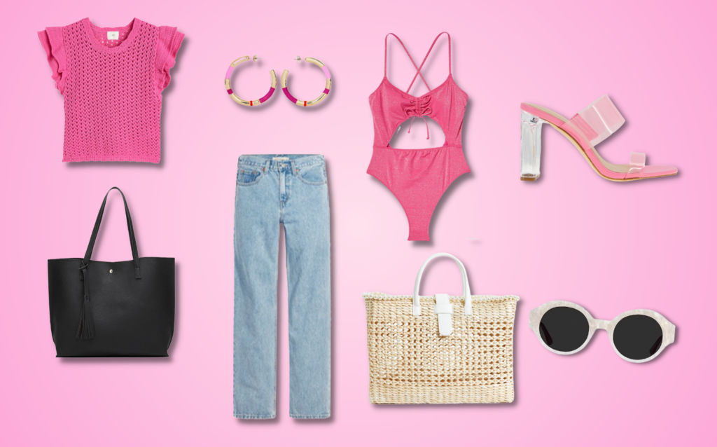 barbiecore style inspo pink crochet top, hoop earrings, 90s jeans, pink cutout swimsuit, vintage sunglasses, pink clear heel sandals, beach bag