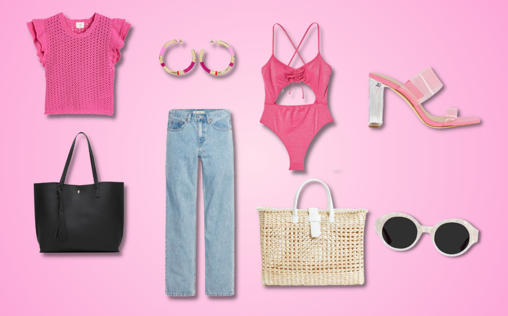 barbiecore benignant   inspo pinkish  crochet top, hoop earrings, 90s jeans, pinkish  cutout swimsuit, vintage sunglasses, pinkish  wide   bottommost   sandals, formation  bag