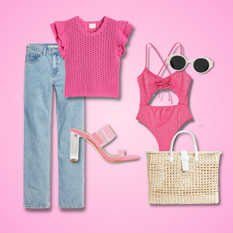 barbiecore style inspo jeans pink crochet top pink clear sandals pink cutout swimsuit vintage sunglasses blogilates