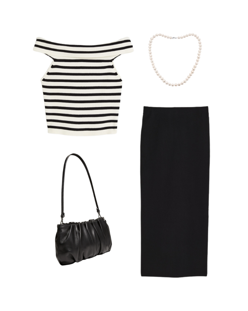 barbiecore outfit inspo black maxi skirt striped off the shoulder crop top pearl necklace small black bag