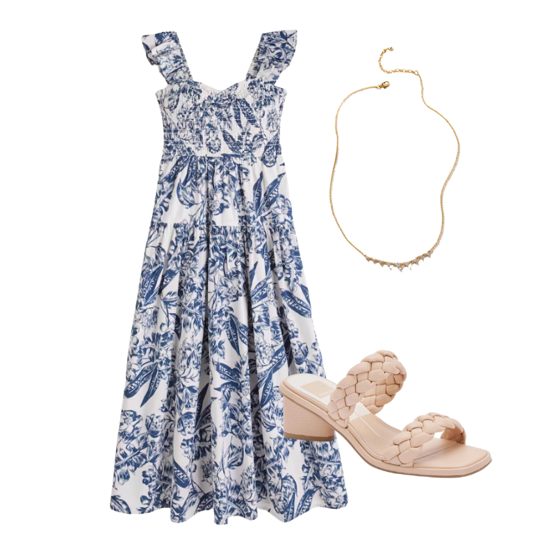 bridgerton garden party outfit abercrombie sundress gold necklace nude braided heel sandals