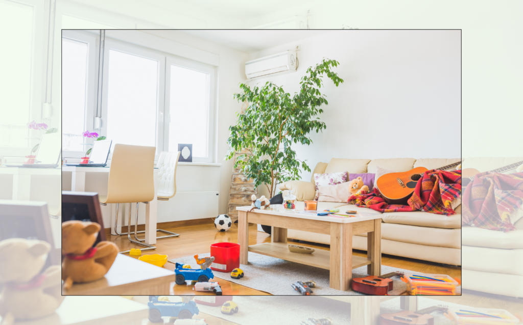 imperfect living room with toys, clutter and decor cluttercore normalizing normal homes