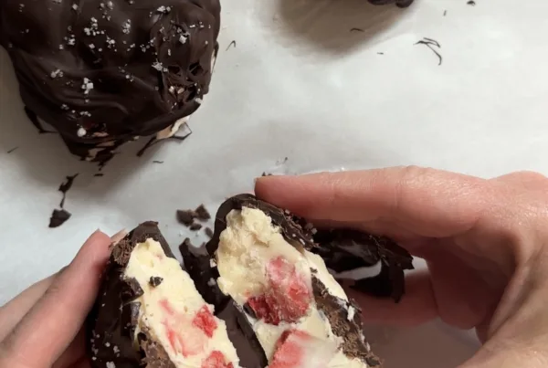 cut open view of chocolate covered strawberry frozen yogurt bites