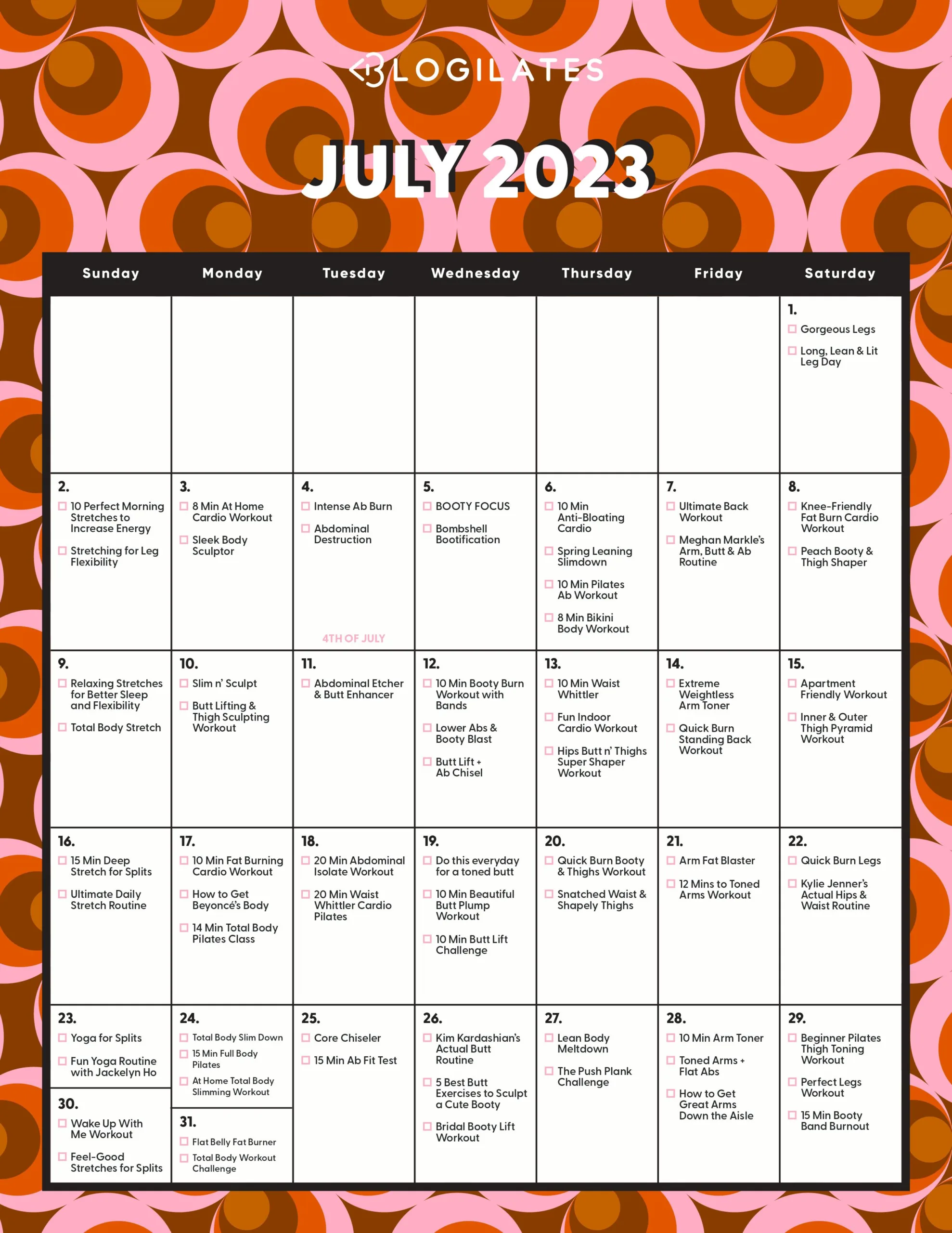 blogilates july 2023 workout calendar monthly workouts abs legs full body arms glutes