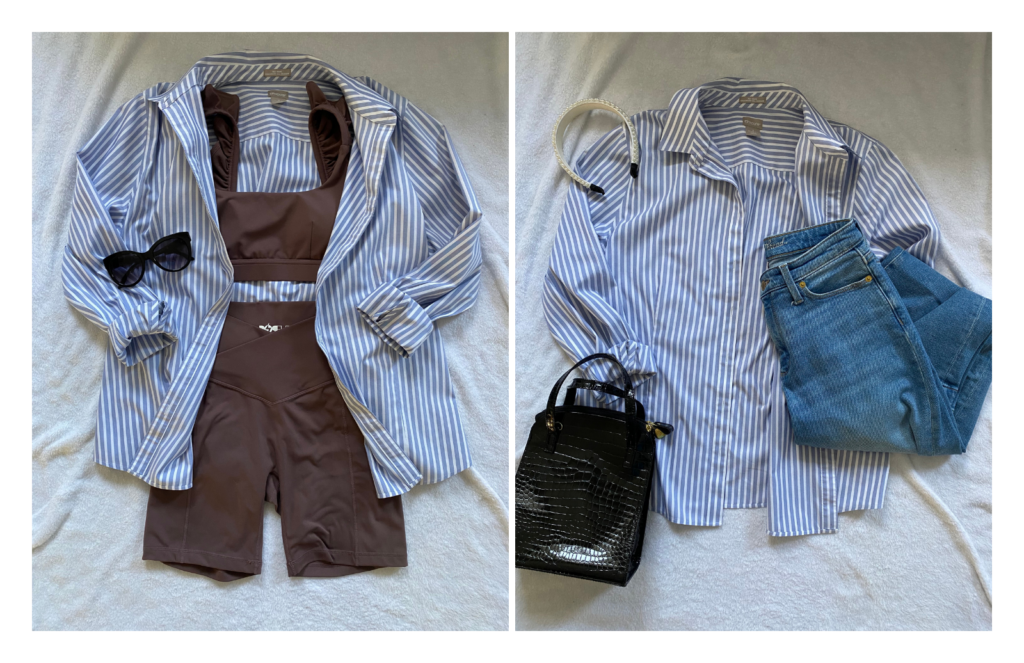 travel outfit idea using an oversized button down with a workout set or with jeans in a capsule wardrobe