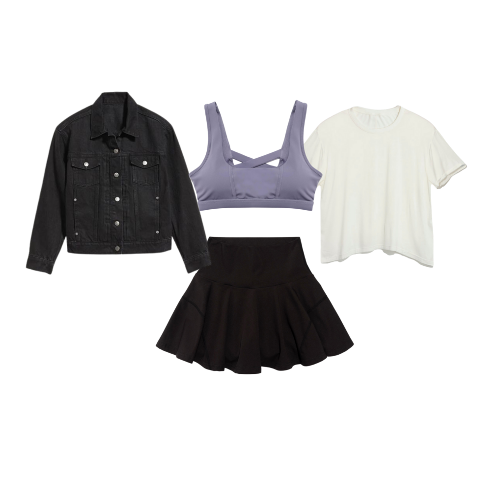 travel capsule wardrobe outfit idea black denim jacket popflex corset bra perfect tee twirl skort