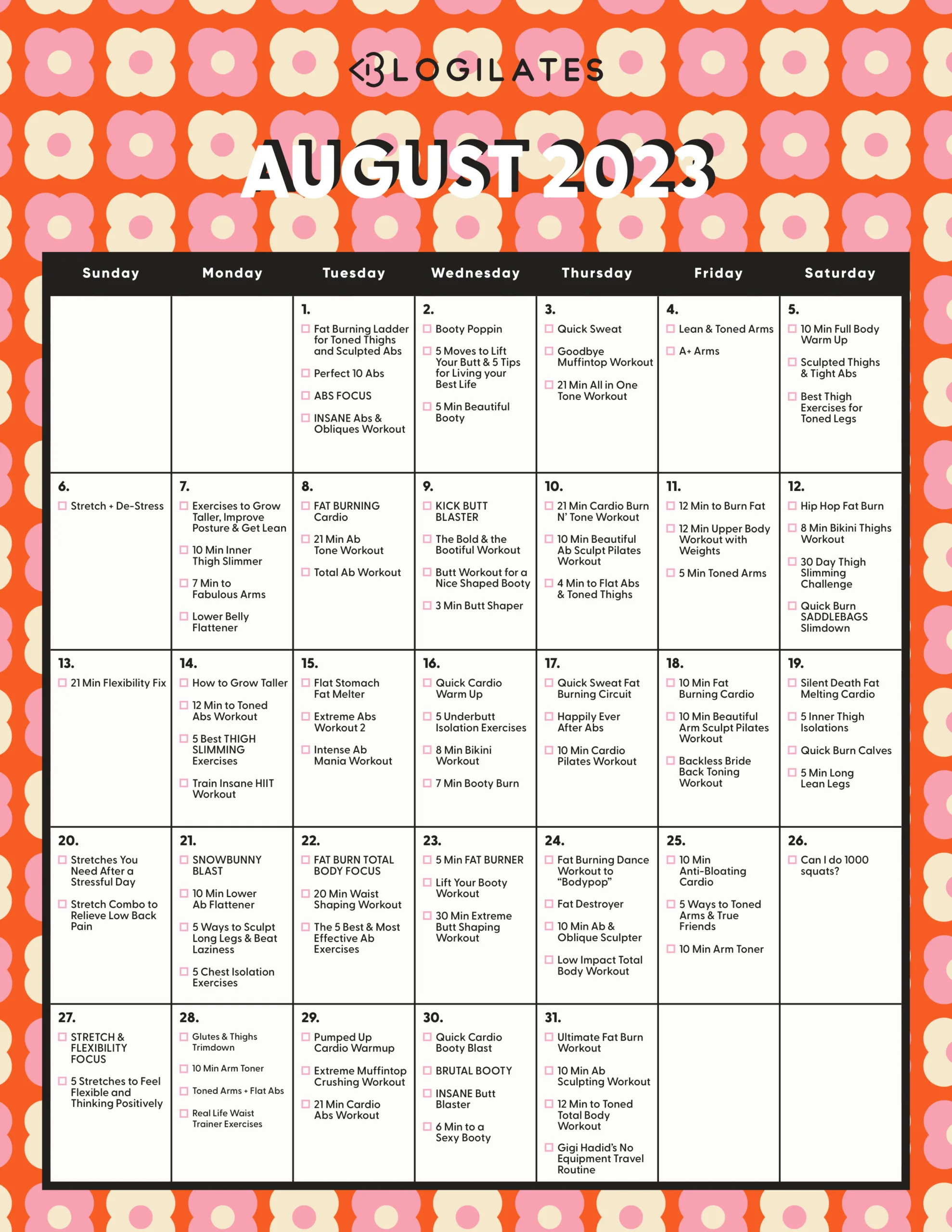 blogilates august workout calendar 2023