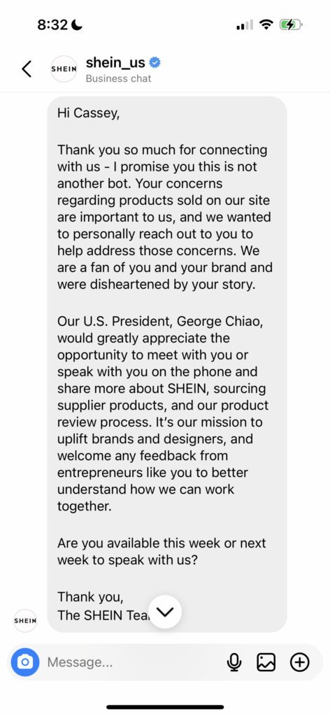 DM from shein to cassey ho ceo of popflex about stealing designs january 2023