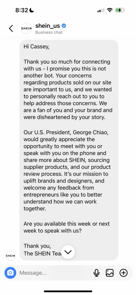 DM from shein to cassey ho ceo of popflex astir  stealing designs january 2023