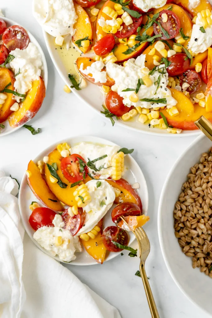 peach herb  maize  crockery   with burrata look    service  sunshine