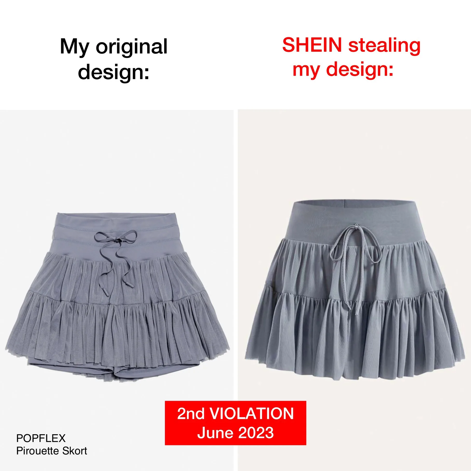 side by side comparison june 2023 popflex original pirouette skirt design and stolen design shein