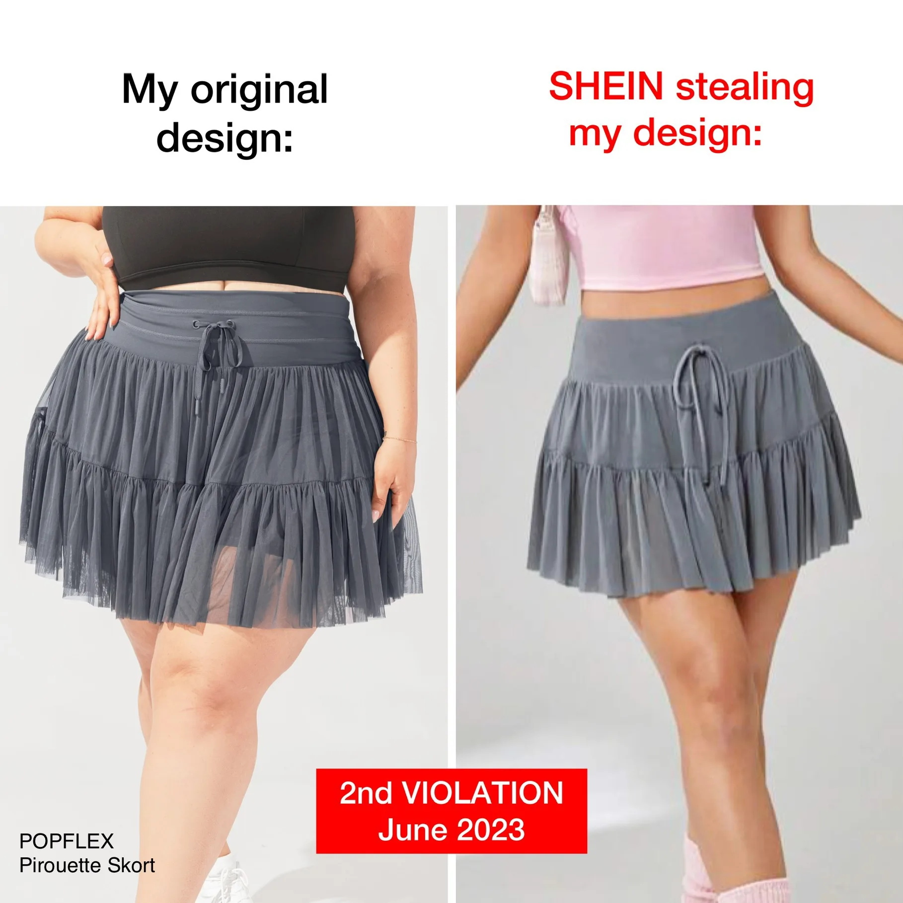 side by side comparison of popflex original pirouette skirt design and shein stealing design from popflex. 