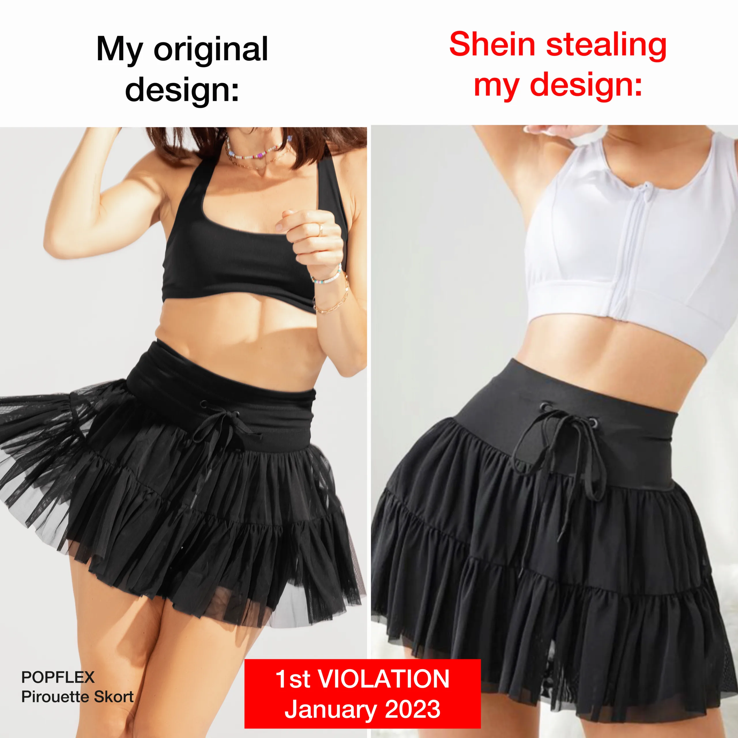 side by side comparison of listing modeling popflex pirouette skort and stolen design shein
