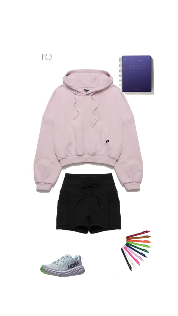 popflex outfit inspo cloud hoodie cargo shorts pens 90 day journal