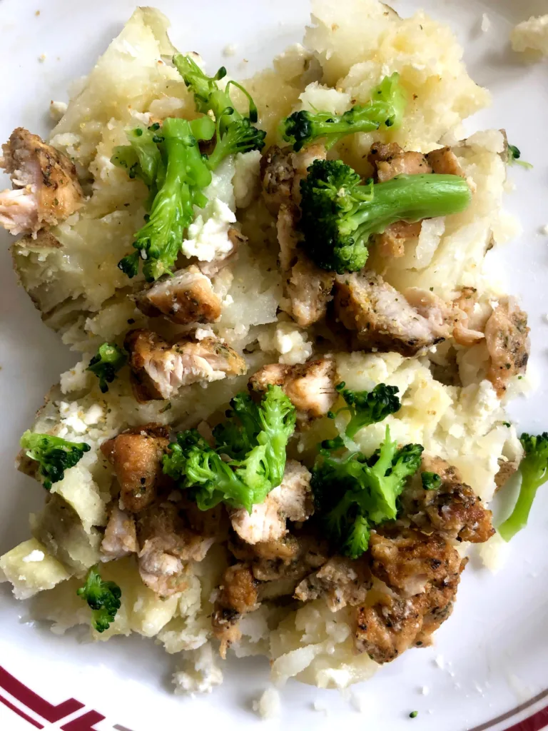 girl dinner baked potato with chicken and broccoli