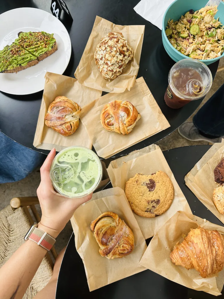 brunch dispersed  pastries matcha avocado toast crockery   cooky  coffee