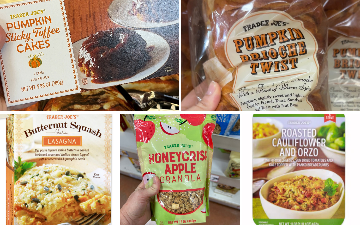 New trader joe's autumn  items pumpkin toffee cakes pumpkin brioche twist butternut squash lasagna honeycrisp pome  granola cauliflower orzo