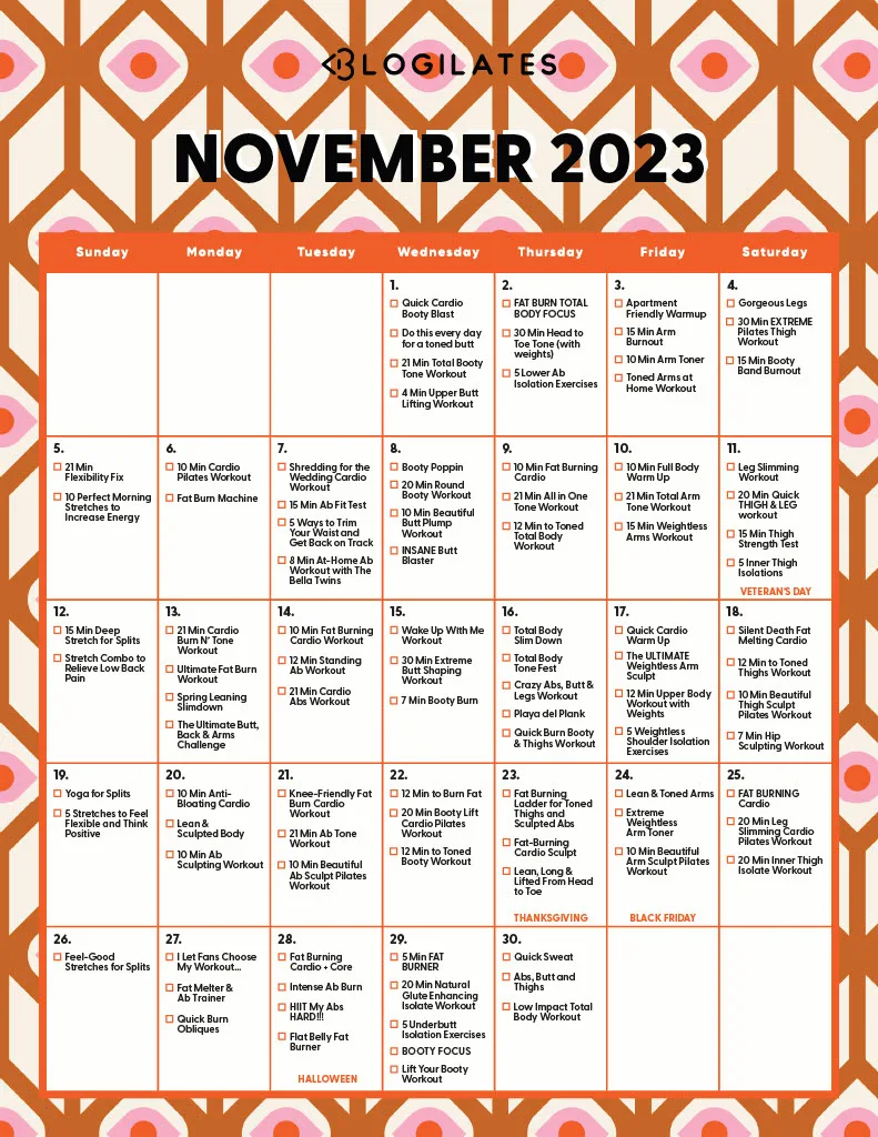 blogilates november 2023 workout calendar
